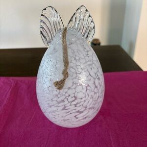 Art Glass Hollow Easter Egg White Swirl W Bunny Ears  Hand Blown in Poland 7.5”